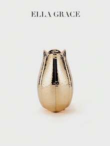 ELLA GRACE- Gold Metallic Tulip Flower Shaped Clutch Bag Hammered Texture Chain Evening Mini Purse Elegant Party Wedding Novelty Shoulder Bag Handbag - 金色 - 查看 5