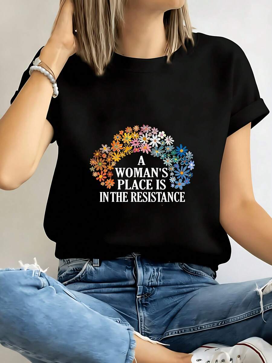 Resistance 1 Pcs Women's Plus Size T-Shirt Funny Oversized Graphic Short Sleeve Tee Novelty 100% Cotton Shirt Casual Crew Neck Top 220g - 黑色 - 查看 1