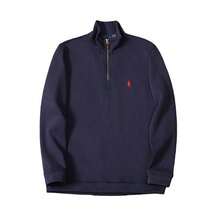 Polo Ralph Lauren Half-Zip Pure Cotton Terry Cloth Sweater With Stand Collar Design -Unisex Style - Navy Blue - View 6