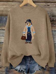 Retro-Style Knitted-Look Sweater With A Cute Little Bear Print, Artistic And Unique Design Top, Plus-Size Women's Winter Sweater, Plus-Size Women's, Comfortable Crewneck Pullover, Skin-Friendly And Soft, Machine Washable, Casual Yet Elegant, Suitable For Autumn And Winter, With A Non-Bulky Neckline.Valentine's Day,Valentine For Women,New Years - Earth Gray - View 8