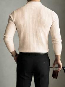 Men's Solid Color Ribbed Vertical Ribbed Collared Knit Sweater, Minimalist Versatile Long Sleeve Top - Apricot - View 2
