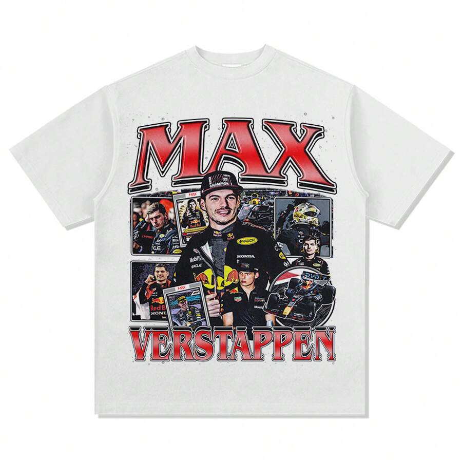 Camiseta de manga corta con gráfico de carreras de estilo retro americano con sudadera con capucha - Blanco - Ver 1