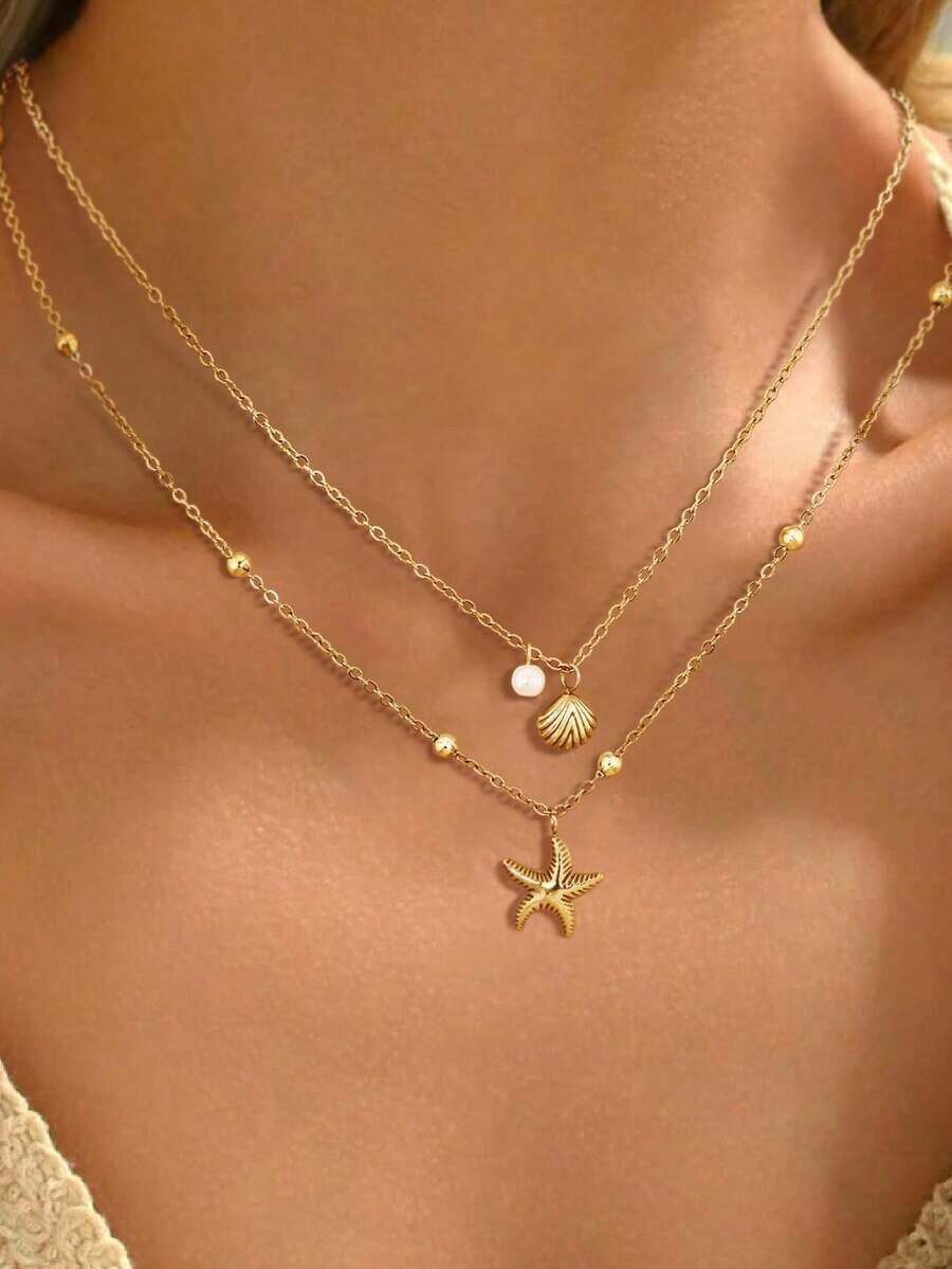 2pcs/Set Women's Shell Necklace, 14K Gold Plated Adjustable Layered Starfish & Shell Faux Pearl Pendant Necklace, Suitable For Summer Beach, Daily Wear, Birthday Gift, Friendship Gift - Gold - 查看 1
