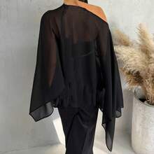 Women's Sheer Chiffon Capelet Set - Oversized Flowy Poncho With Shorts For Beach Cover Up/Party Outfits Multiple Colors - Black - View 2