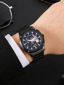 RONMAR 1pc Men's Automatic Hollow Mechanical Watch, Waterproof Luminous Stainless Steel Band, Business Casual Polygon Design Watch, Suitable For Daily, Office, Gift, Student, University - Black - View 4