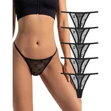 Set Of 5 Women's T-Back Lace Hollow Out G-String Thongs Sexy Low Waist Panties Intimate Underwear Ladies Lingerie - Bộ 5 chiếc màu đen - Xem 7