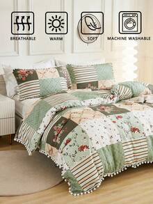 2件/3件套绿色花卉印花白色蓬松被套套装 - 1件被套和1/2件枕套，柔软舒适的涤纶面料，可机洗，乡村风格家居装饰，农舍风格卧室用品 - 彩色 - 查看 7