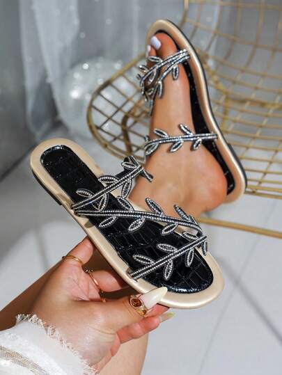 Women's Rhinestone Leaf Flat Sandals, Fashion Elegant Versatile Casual Slip-On Sandals For Outdoor, Beach, Party, Vacation