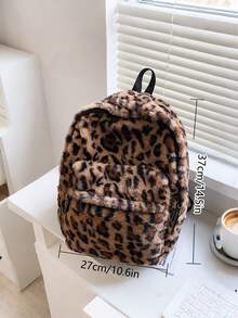 Allover Leopard Pattern Fluffy Backpack, Bag For School For College School Bag, School Backpack Large Capacity For Teen Girls Women College Students College, Middle School, High School, Outdoors, Travel, Outings, Back To School Back To School, Cute, Suitable For Teen Girls Women College Students Outdoors, Travel, Outings, Leopard Print Bag, Fall Winter Fashionable Cheetah Print Purse For Women ,University Bag - 棕色 - 查看 1