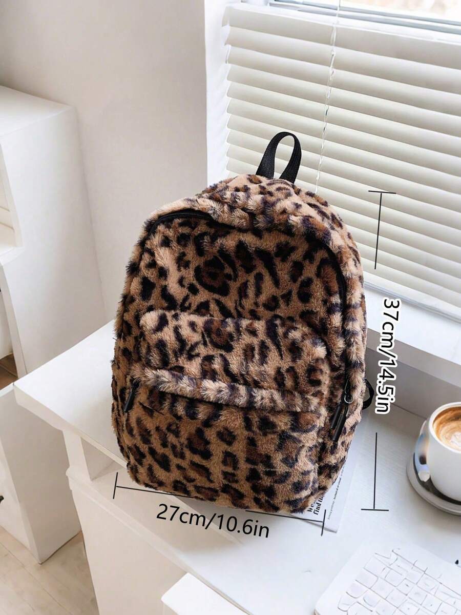 Allover Leopard Pattern Fluffy Backpack, Bag For School For College School Bag, School Backpack Large Capacity For Teen Girls Women College Students College, Middle School, High School, Outdoors, Travel, Outings, Back To School Back To School, Cute, Suitable For Teen Girls Women College Students Outdoors, Travel, Outings, Leopard Print Bag, Fall Winter Fashionable Cheetah Print Purse For Women ,University Bag - 棕色 - 查看 1