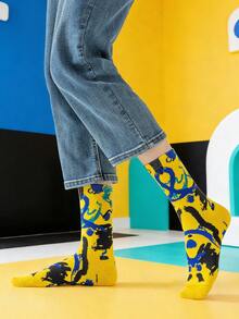 1/3 paire Chaussettes d'équipage en coton peigné décontractées unisexes pour couple, motif ligne de graffiti couleur contrastée et art abstrait. Convient pour les voyages, la maison, le bureau, les cadeaux de fête - Multicolore - Voir 8