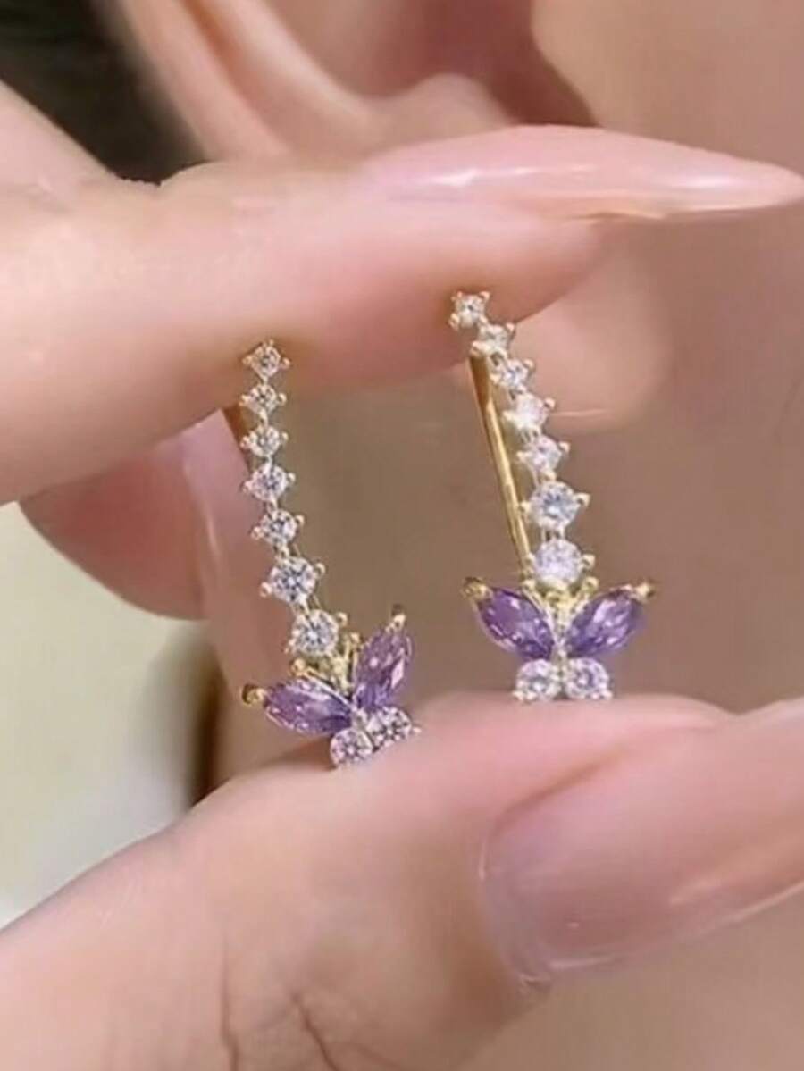 1 Pair Elegant Purple & White Butterfly Clip-On Earrings, Delicate Unique Design, Versatile & Sophisticated Earrings - Purple - View 1