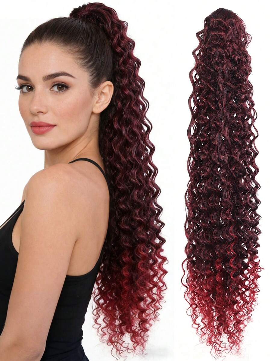 合成卷曲抽绳马尾辫 长款蓬松卷曲马尾辫 有机接发 橙色橡皮筋马尾辫 - 彩色 - 查看 1