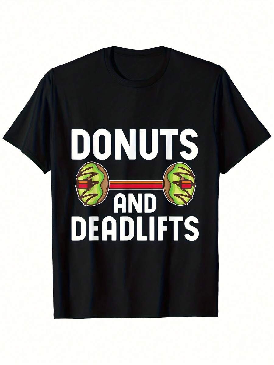 Camiseta de gimnasio Donu & Deadlif para hombre: camiseta de levantamiento de pesas de algodón pesado de 180 g con gráfico de barra y donut, tallas S-XXXL, camiseta de entrenamiento transpirable para culturismo, fitness informal. - Negro 28 - Ver 1