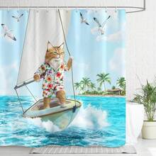 ستارة دش قطة ركوب الأمواج الأنيقة قطعة واحدة، ستارة دش مطبوعة بمنظر البحر والقوارب الشراعية، مناسبة لديكورات الغرف المختلفة، ستارة دش حاجز الحمام، ستارة حوض الاستحمام - متعدد الألوان - مشاهدة 1