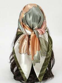 1pc Women's Fashion Peony Print 90cm Square Scarf, Printed Shawl Versatile For Spring/Autumn, Contrast Color Stylish Bandana, Suitable For All Seasons - Green - View 12