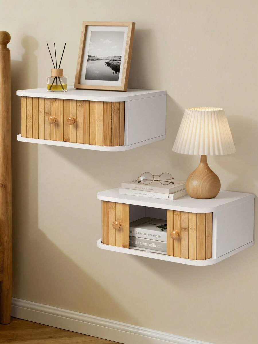 1pcs Floating Nightstand White Bedside Table Modern Boho Organiser Small Spaces Wall Mounted Shelf Storage With Drawers Wood Bamboo Natural Hanging Furniture For Bedroom Home Decor - 懸浮 - 查看 1
