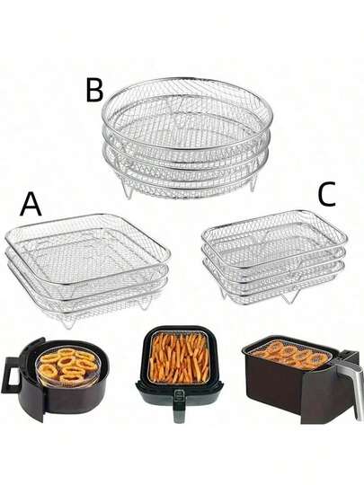 不锈钢空气炸锅配件、烧烤配件 - 单层、三层可叠放烤盘和冷却架套装、烤盘、烤箱和空气炸锅烹饪托盘，多种款式可选，适合家庭聚餐、厨房必备、聚会