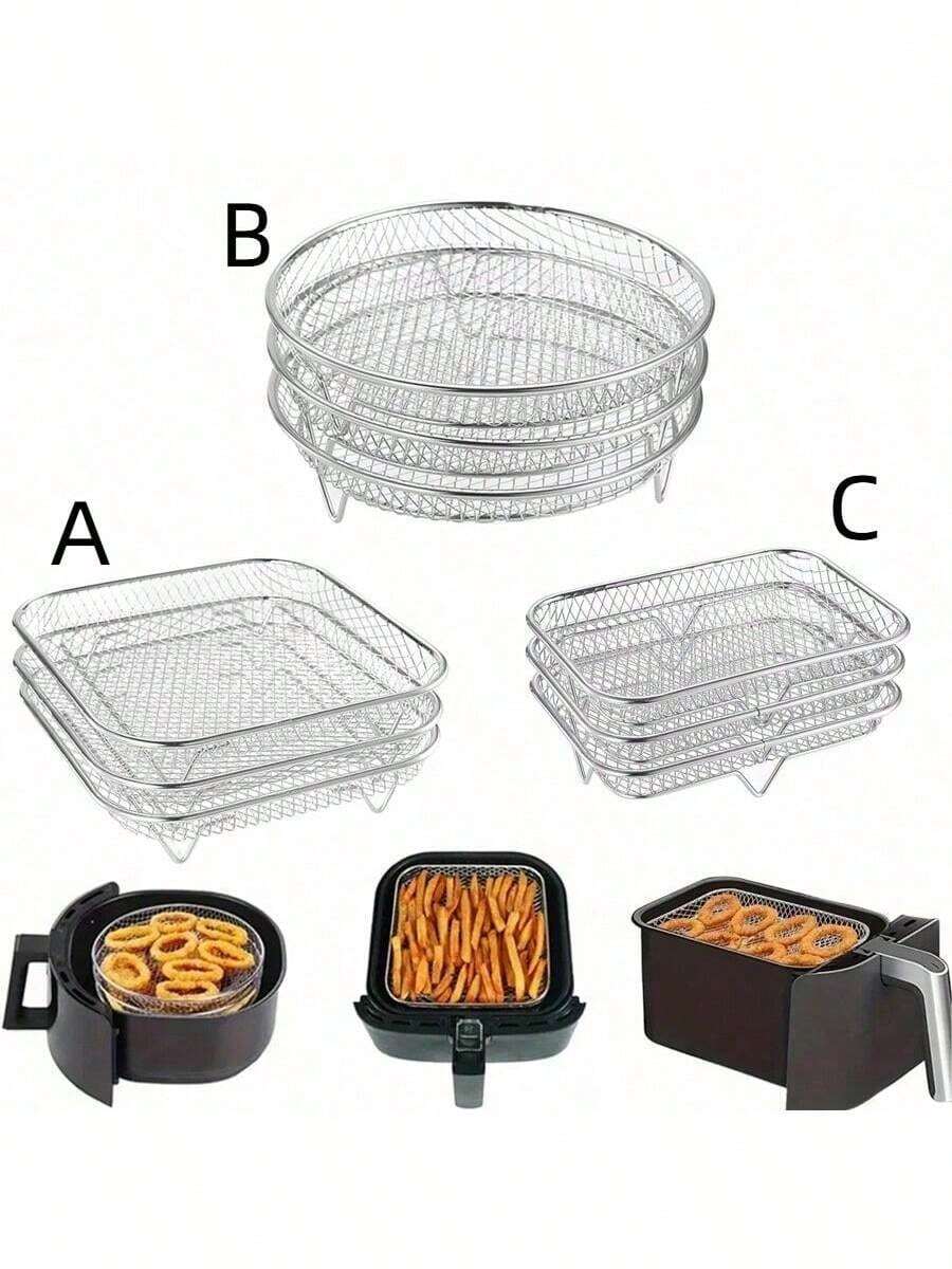 Phụ kiện nồi chiên không dầu bằng thép không gỉ, phụ kiện nướng - Bộ khay nướng một lớp, 3 tầng xếp chồng lên nhau và giá làm nguội, khay nướng, khay nấu ăn cho lò nướng và nồi chiên không dầu, nhiều kiểu dáng, phù hợp cho bữa tối gia đình, vật dụng cần thiết trong nhà bếp, các buổi tụ họp.