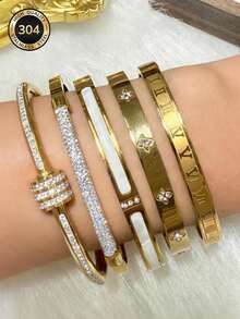 Znice New Fashion Stainless Steel High Quality Flower Shiny Women's Bangle Nail Bracelet Jewelry Set, Suitable For Women's Daily Wear - Gold - View 3