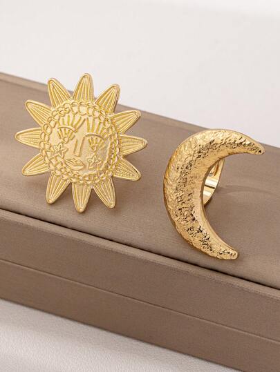 2pcs Vintage Style Sunflower & Moon Textured Metal Gold Tone Rings Set, Elegant Fashion Accessories, Suitable For Ramadan, Parties And Gifts