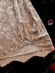 纯色蕾丝拼接天鹅绒性感睡裙，深V露背开衩睡衣，女士舒适性感睡衣，情人节礼物 - 香檳色 - 查看 6