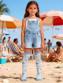 1 Pair Cute Summer Beach Shells Starfish Bow Tie Knee High Socks For Kids, Cute Princess Over The Knee Socks, Back To School Boys Girls Running Athletic Sports Socks, Firthday Birthday Valentine Day Gift - Multicolor - View 3