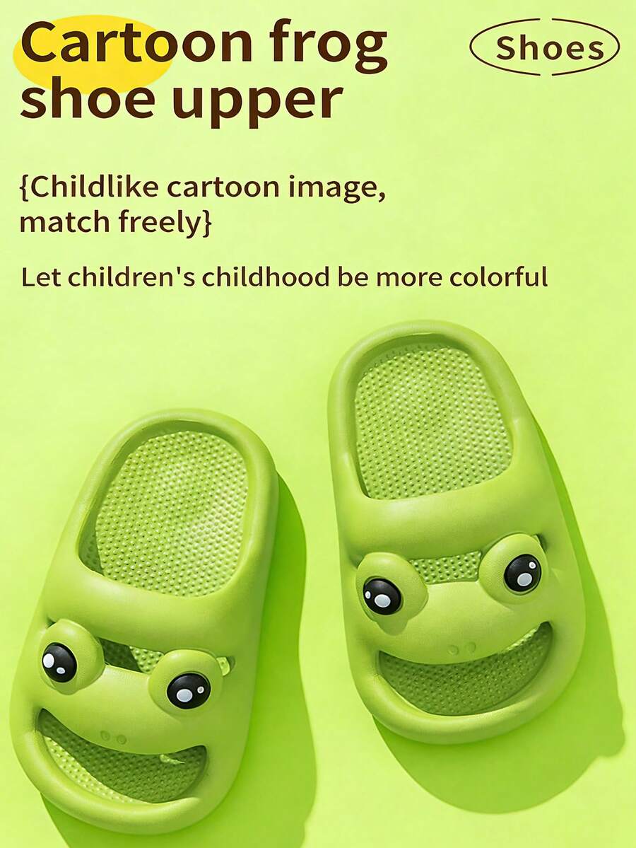 卡通青蛙图案儿童拖鞋，防滑防水浴室泳池沙滩鞋，轻便EVA材质，儿童日常室内凉鞋 - 綠色 - 查看 1