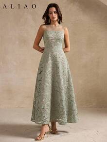 Aliao Elegant Lace Splicing Cut-Flower Tulle Rose Embroider Sleeveless Dress, Modest, Wedding Season, Valentine's Day, White Party Event, Old Money Style, Court Style, Eye-Catching Outfits, Elegant Everyday, New Year, Summer Dress For Women, Party Dress - Green - View 5