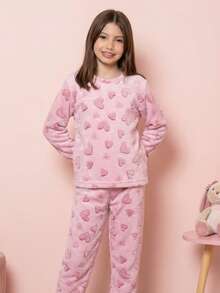 Teddy Plush Winter Pajamas For Kids - Pink Heart - Hot Pink - View 6