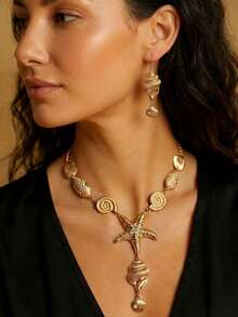 Set de 2 piezas Nuevo y creativo con temática de playa y océano para fiesta de vacaciones, minimalista con estrella de mar, concha, caracol, etc. Conjunto de ropa de verano - Amarillo Oro - Ver 2