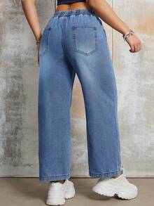 Women's Casual Wide Leg Cropped Pants, Straight Leg, Elastic Waistband, Non-Stretch Material, Solid Color, Suitable For All Seasons, Woven - Blue - View 2