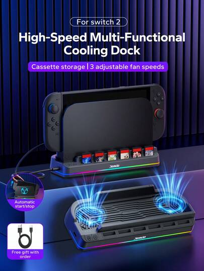 2 multifunktionale RGB Spielekonsolen Kühlständer, intelligente Temperatursteuerung mit Dual-Turbinen-Lüftern, 6 Spielekarten-Slots. Effizientes, leises Kühlsystem, 3-Stufen-Einstellung (bis zu 4000 U/min), verhindert effektiv Überhitzung und verlängert die Akkulaufzeit. Mit intelligenter Sensortechnologie ausgestattet, startet automatisch mit Einschalten der Konsole und stoppt mit Ausschalten.