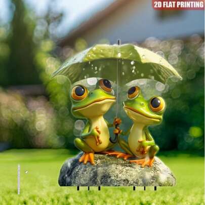 1件亚克力青蛙情侣花园摆件，青蛙撑伞，青蛙提灯笼，耐候户外装饰，鲜艳的绿色青蛙设计，适用于庭院、草坪、盆栽植物、婚礼、节日家居装饰，乡村风格2D落地摆件