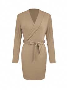 1pc Women's Elegant Solid Color Knit Dress - Khaki - View 2