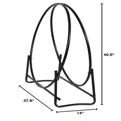 41 Soporte para leña, Soporte de madera para chimenea de acero con recubrimiento en polvo con diseño de doble anillo, Aro para leña de interior y exterior para chimenea, terraza, fogata en color negro