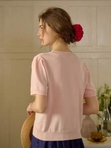 Simple Retro Women's Spring And Summer Embroidery Collision Round Neck Pink Elegant Retro Temperament Casual Short Sleeve Pullover Sweater Top - Pink - View 3