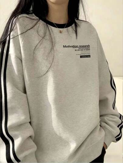 カジュアル ストライプ 長袖 プルオーバー スウェットシャツ、学生や女性に快適で汎用性のある春物