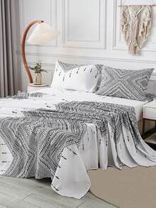 4pcs Geometric Pattern Bedding Set (1pc Fitted Sheet + 1pc Flat Sheet + 2pcs Pillowcases, Without Filler), Retro Style Bedding, Soft Polyester Fabric, Home Decor, Suitable For Various Bed Sizes - Multicolor - View 9