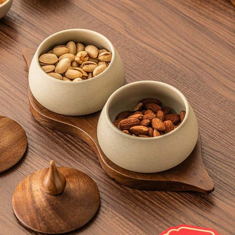 1件复古零食碗，粗陶碗配木盖，分格糖果坚果盘套装，微波炉和洗碗机适用陶瓷碗，适合客厅、茶室、餐厅装饰 - 粗陶+棕色 - 查看 9