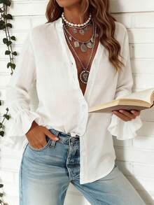 Áo sơ mi dài tay màu trắng thanh lịch dành cho nữ của QueenCloset, thoải mái và đa năng, phù hợp cho mặc hàng ngày, đi làm và đi nghỉ mát. - trắng - Xem 5