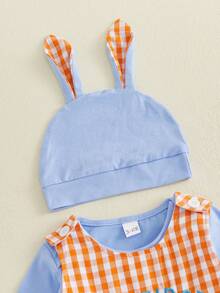Conjunto de Pascua para bebé niño, mono de manga larga con bordado a cuadros, pantalones y gorro. - Azul - Ver 5