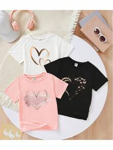 Kit 3 Camisetas Infantil e Juvenil Para Meninas Estampa fofa De Corações e Borboletas 100%algodão Premium Blusinha Feminina Para Crianças e Adolescentes - Multicolorido - Visão 1