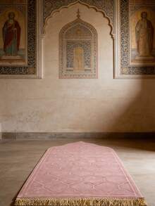 1pc Elegant Floral Prayer Mat - Soft Flannel, Machine Washable, Rectangular Comfort Mat With Golden-Lit Mosque Design For Indoor - Pink - View 3