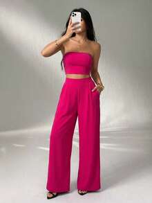 Set top convertible y pantalón mujer elegante dos piezas versátil cómodo moderno fresco corte alto un top dos maneras de usarlo primaveraverano - Rosa Fucsia - Ver 4