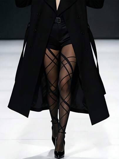 Plus Size Women's Elegant Asymmetric Rhombus Pattern Pantyhose, Black, High Elasticity, Suitable For All Seasons. This Plus Size Sheer Pantyhose Is Versatile And Can Be Paired With Various Outfits, Showcasing Youthful Vitality And Sexy Fashion.