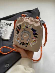 可爱刺绣帆布水桶单肩斜挎包，时尚防水尼龙新款手提包，狗狗刺绣包，女士托特包，带可拆卸肩带 - 彩色 - 查看 16