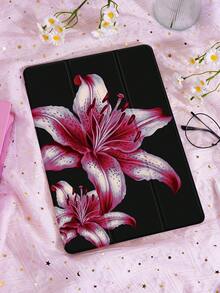 1个黑色背景粉色芙蓉花图案平板电脑保护套，兼容苹果iPad 10.2英寸（2021/2020款）、iPad第九/十代、iPad Pro 11英寸（2025款）、三星Galaxy Tab A8 10.5英寸（2022款）、Matepad 10.4英寸，支持睡眠/唤醒功能，带触控笔插槽，情人节礼物 - 彩色 - 查看 3