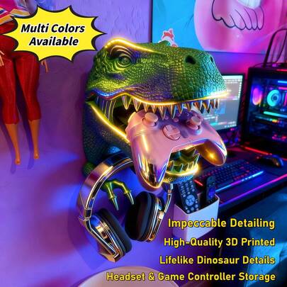 5色霸王龙3D打印壁挂式置物架，侏罗纪恐龙墙饰，带爪桌面雕塑，游戏耳机支架，创意家居装饰，万圣节，父亲节，生日礼物