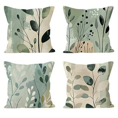 4件套春季莫兰迪绿色植物桉树叶枕套套装，抽象枝叶图案，北欧简约风格亚麻枕套，清新气息，适用于沙发靠垫